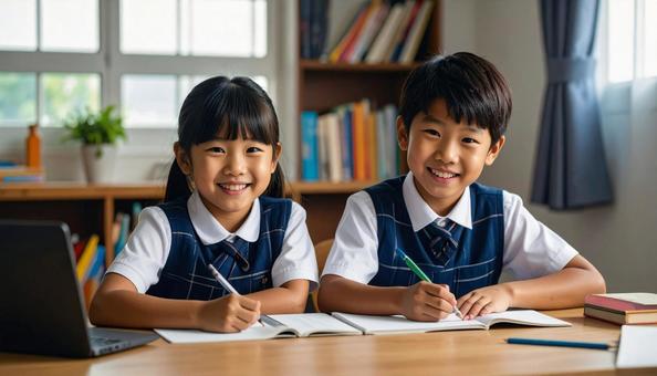 家で勉強している小学生2人の写真