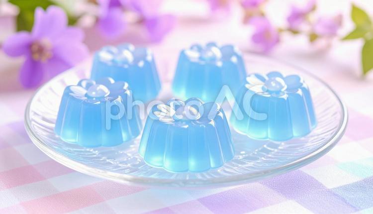 ひんやり涼やか：花咲くブルーゼリーの誘惑 ゼリー,ブルー,水色の写真素材