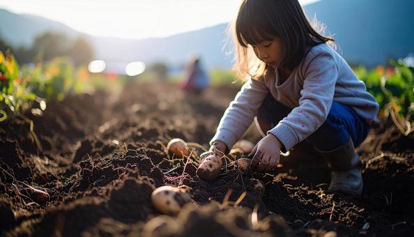 芋掘りする子供 芋掘りする子供の写真