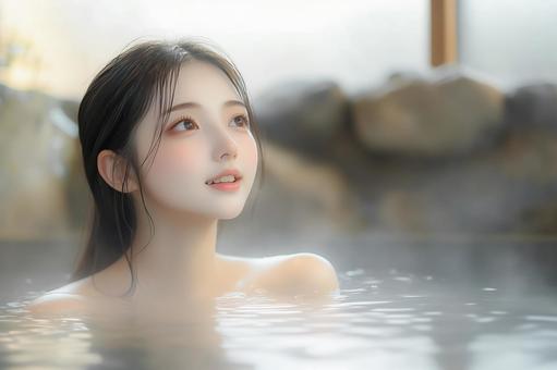 若い女性が旅館の温泉に浸かる入浴シーン 若い女性が旅館の温泉に浸かる入浴シーンの写真