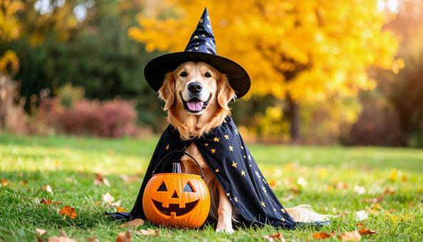 ゴールデンレトリバーのハロウィン仮装 ゴールデンレトリバーのハロウィン仮装の写真