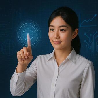 テクノロジー空間（白シャツ女性）の写真