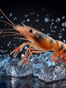 きらめく水滴と氷に囲まれたエビの写真