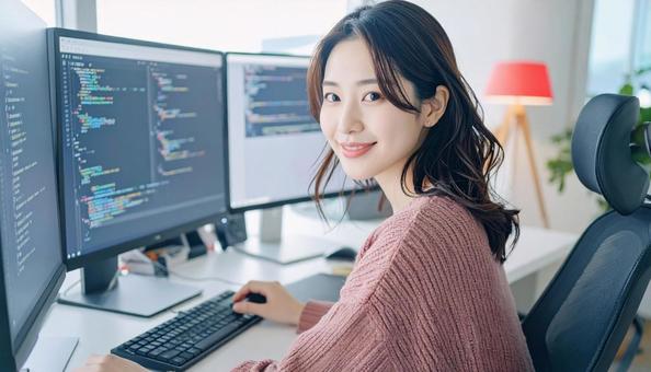 プログラミングをする女性エンジニア プログラミングをする女性エンジニアの写真