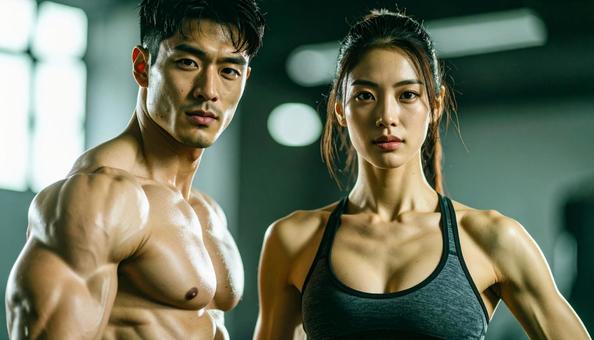 鍛え上げられた体でポーズをとる男女 鍛え上げられた体でポーズをとる男女の写真