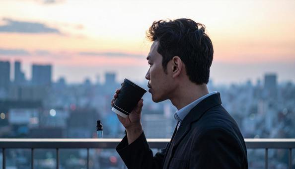 屋上でコーヒーと電子タバコを嗜む男性の写真