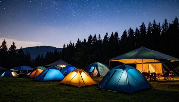 夜の星空の下のテントキャンプ 夜の星空の下のテントキャンプの写真