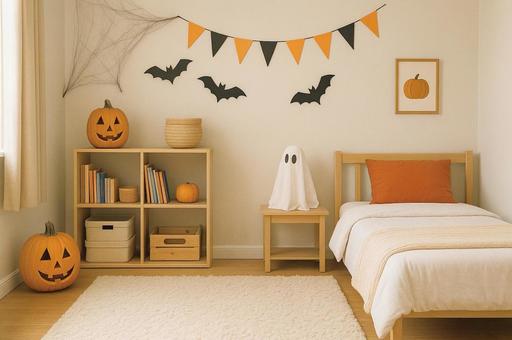 ハロウィンの飾り付けをした子供部屋 ハロウィンの飾り付けをした子供部屋の写真