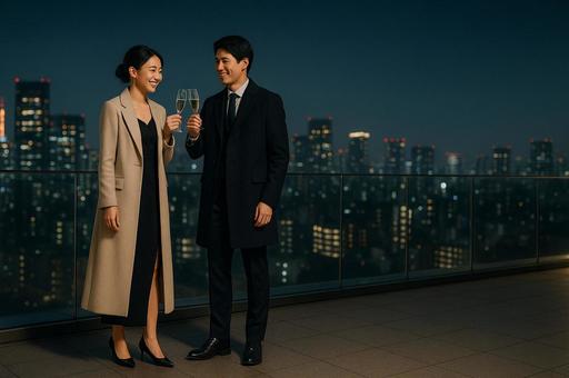 屋上で祝杯をあげる男女 屋上で祝杯をあげる男女の写真