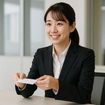 名刺交換をする新入社員の女性 名刺交換をする新入社員の女性の写真