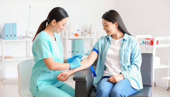診察室で患者の腕に採血する医者 診察室で患者の腕に採血する医者の写真