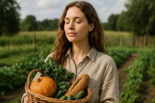 収穫した野菜を持つオーガニック農家の女性 収穫した野菜を持つオーガニック農家の女性の写真