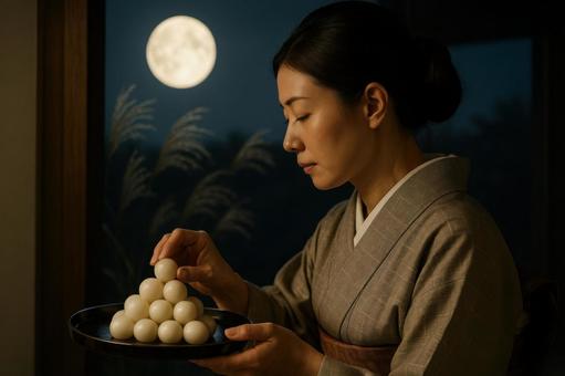 団子を盆に乗せる女性の横顔 団子を盆に乗せる女性の横顔の写真