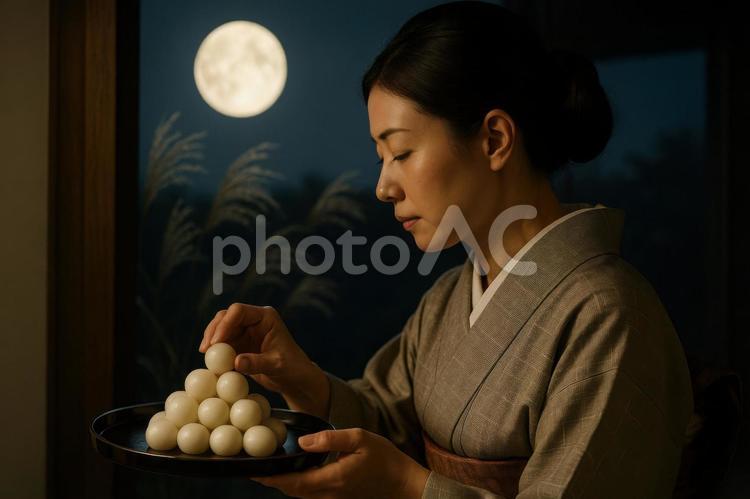 団子を盆に乗せる女性の横顔 月見,中秋の名月,満月の写真素材
