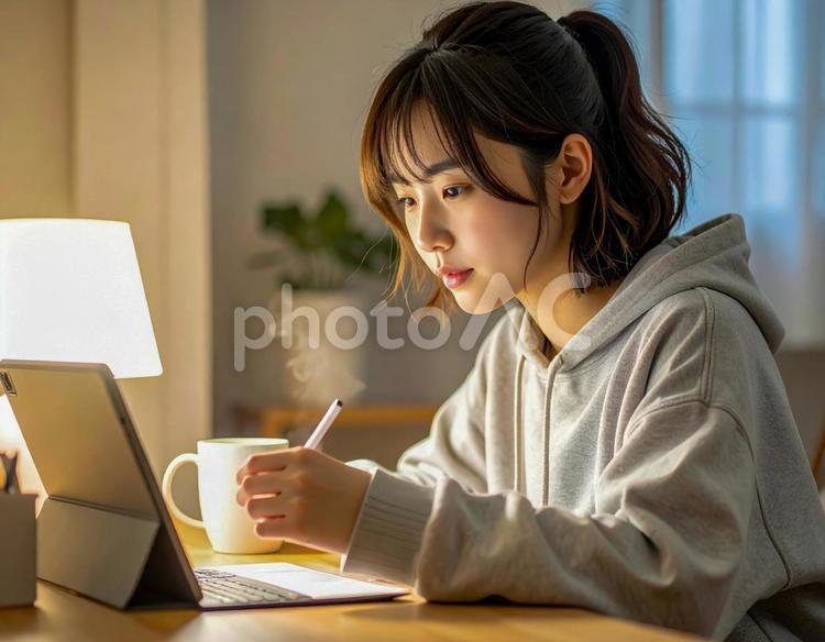 タブレットを使い夜に勉強する女子学生 女子学生,女性,学生の写真素材