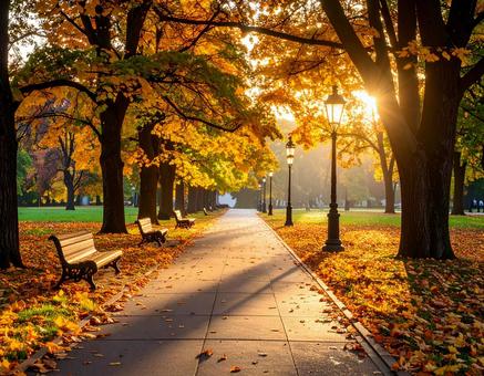 秋の夕暮れの公園の写真