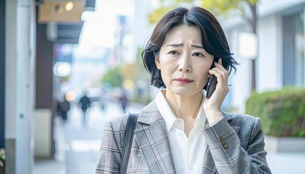 困った表情で電話する中年 困った表情で電話する中年の写真