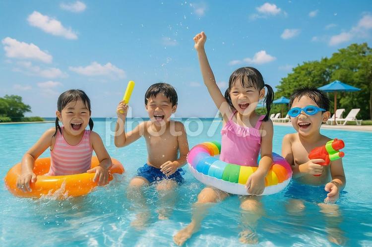 プールで水遊びを楽しむ子どもたち 夏休み,プール,水遊びの写真素材