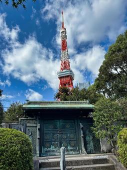 増上寺から見える東京タワー 空,寺院,東京タワーの写真素材