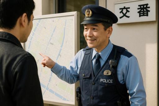 道案内をする交番勤務の警察官 道案内をする交番勤務の警察官の写真
