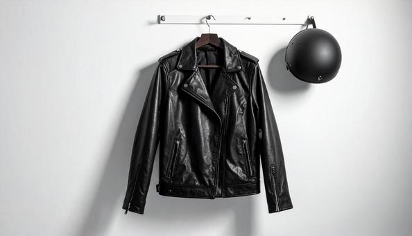 壁のハンガーにかかるレザージャケット 壁のハンガーにかかるレザージャケットの写真