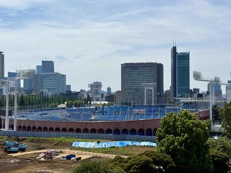 上から見た東京　神宮球場 ビル街,新宿区,昼間の写真素材