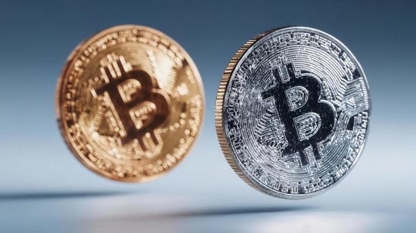 仮想通貨の未来を象徴する、金銀のコイン 仮想通貨の未来を象徴する、金銀のコインの写真