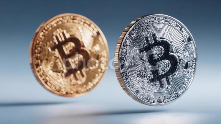 仮想通貨の未来を象徴する、金銀のコイン ビットコイン,仮想通貨,暗号資産の写真素材