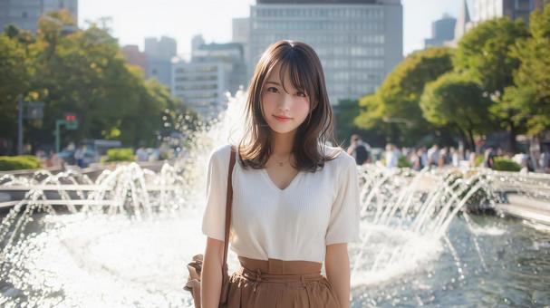 公園の噴水前に立つ女性 公園の噴水前に立つ女性の写真