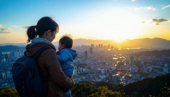 子供を抱っこして歩くシングルマザー 子供を抱っこして歩くシングルマザーの写真