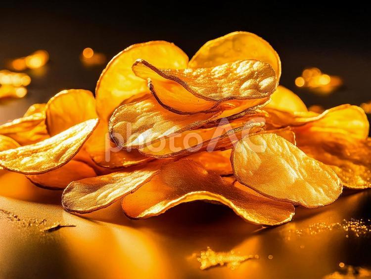 ポテチの夢 黄金,ポテトチップス,純金の写真素材