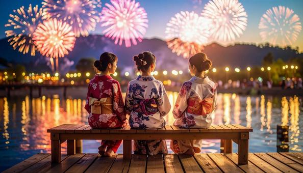打ち上げ花火と浴衣姿の女性 打ち上げ花火と浴衣姿の女性の写真