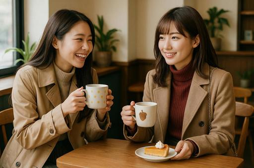 カフェで談笑する二人 カフェで談笑する二人の写真