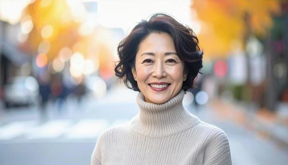 タートルネックを着たアラフィフの女性 タートルネックを着たアラフィフの女性の写真