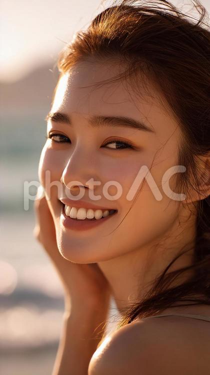 しっとりとしたツヤ肌と満面の笑み 女性,アジア人,笑顔の写真素材
