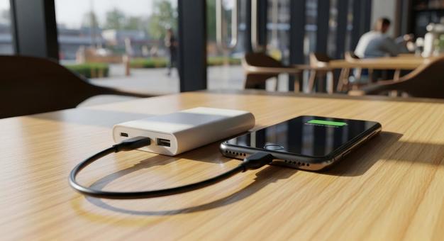 白色のモバイルバッテリでスマホを充電する 白色のモバイルバッテリでスマホを充電するの写真