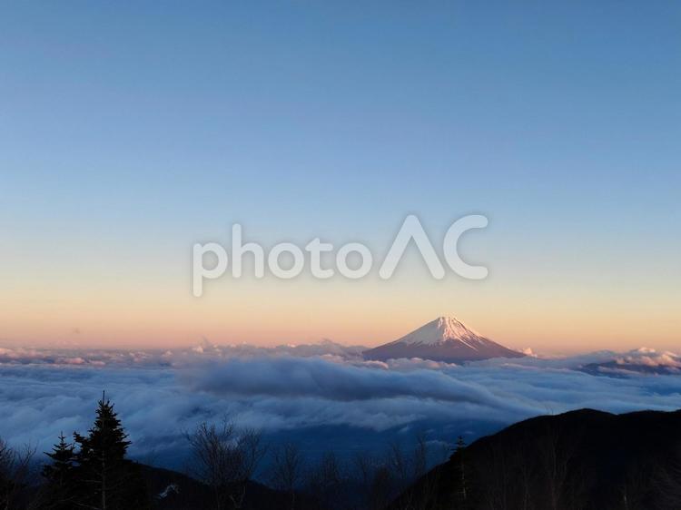 夕焼けに染まる富士山と雲海 夕焼け,富士山,雲海の写真素材