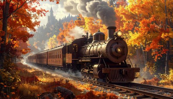 秋の紅葉とスチームパンクな列車 秋の紅葉とスチームパンクな列車の写真