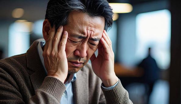 頭を抱えて落ち込む日本人男性 頭を抱えて落ち込む日本人男性の写真