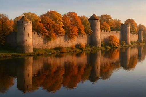 湖畔の城壁と紅葉 湖畔の城壁と紅葉の写真