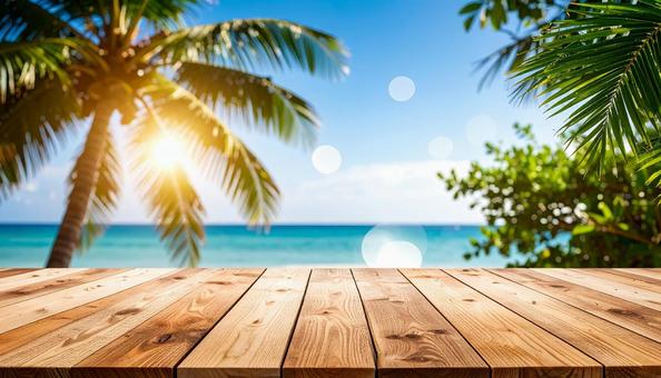 光り輝く夏の海とウッドデッキ 光り輝く夏の海とウッドデッキの写真