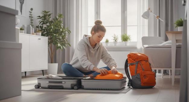 旅の支度をする外国人女性 旅の支度をする外国人女性の写真