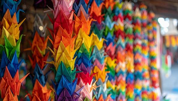 カラフル折り鶴の写真