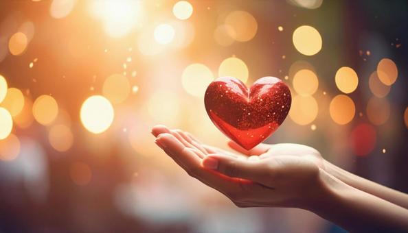 両手のなかに浮かぶハートを持つ女性の手の写真