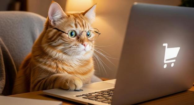 猫がパソコンでオンラインショッピング 猫がパソコンでオンラインショッピングの写真