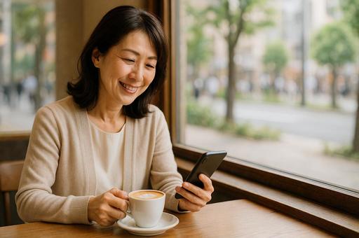 カフェでスマホを見て微笑む中年女性 カフェでスマホを見て微笑む中年女性の写真