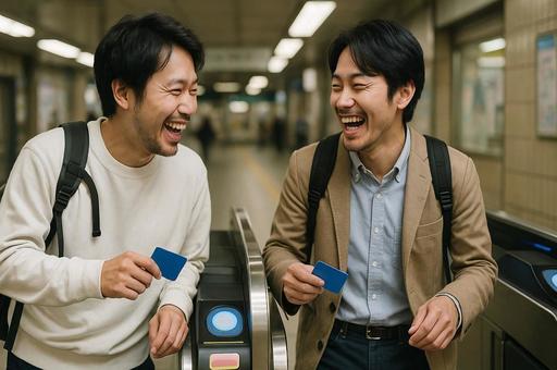 改札で笑い合う二人の人物 改札で笑い合う二人の人物の写真