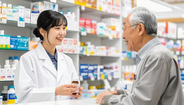 笑顔で接客する働く薬剤師 笑顔で接客する働く薬剤師の写真