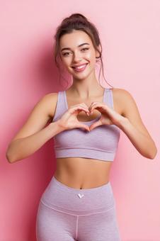 笑顔でハートマークを作る健康的な女性 笑顔でハートマークを作る健康的な女性の写真