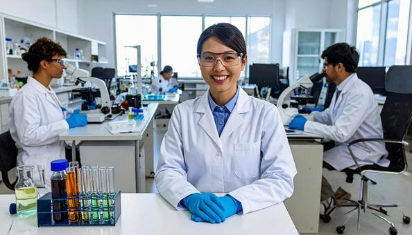 研究所で実験をする女性の研究者 研究所で実験をする女性の研究者の写真